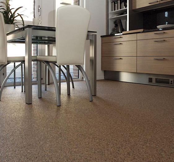 A modern kitchen with stone carpet